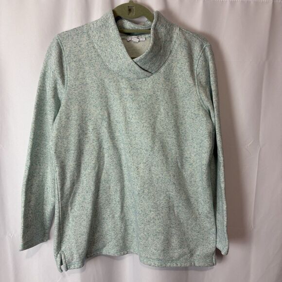 T BY TALBOTS Sweatshirt Fleece Cotton Blend Speckled V-Neck Pullover Aqua Blue M - Picture 1 of 7